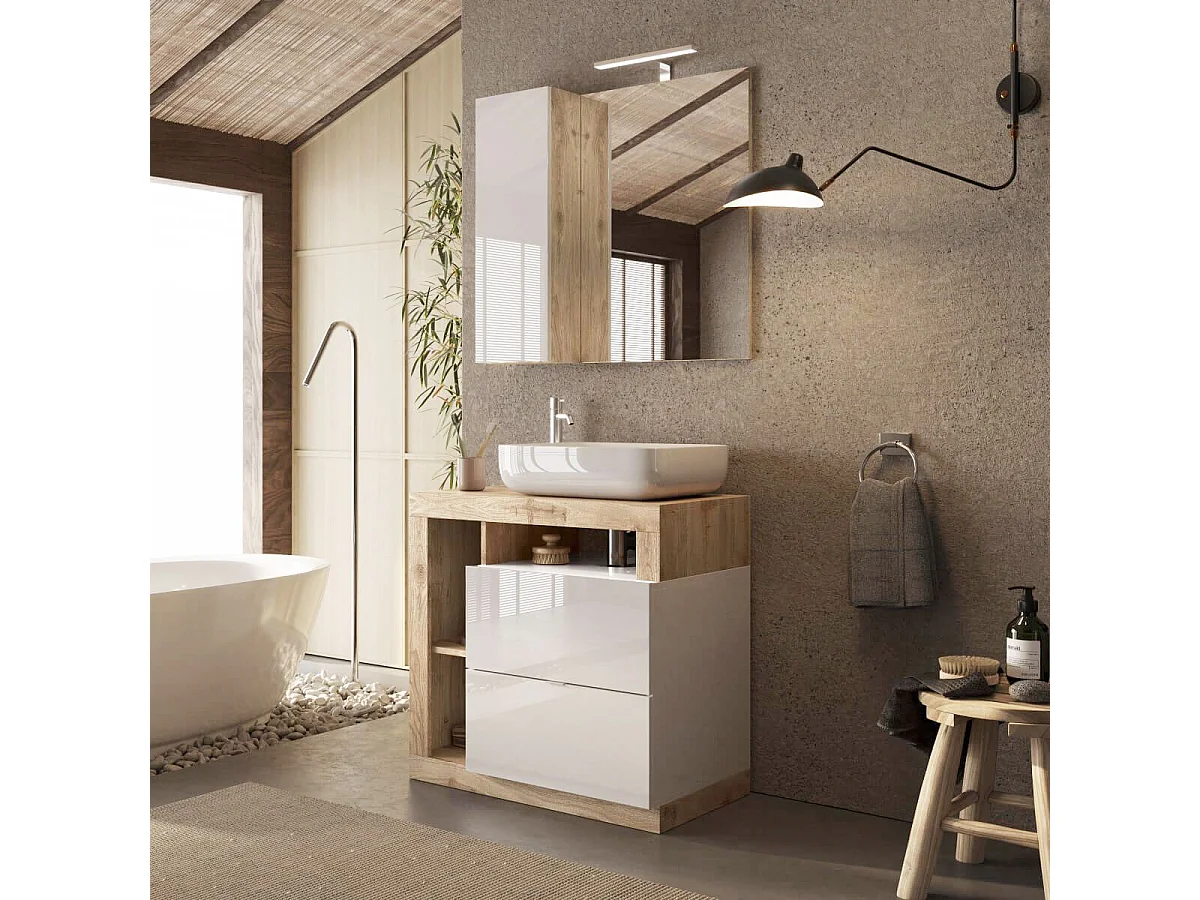 ARTURO - Meuble Vasque 78cm 2 tiroirs blanc laqué et aspect bois finition Cadiz