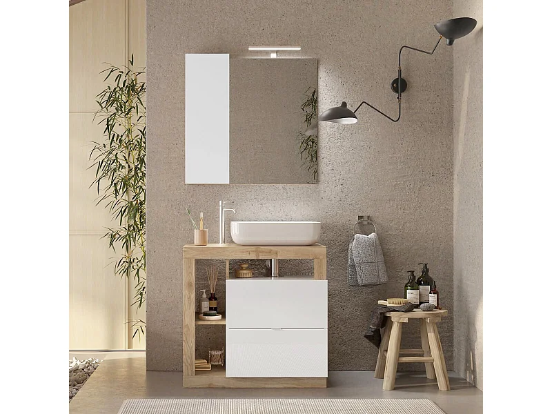 ARTURO - Meuble Vasque 78cm 2 tiroirs blanc laqué et aspect bois finition Cadiz