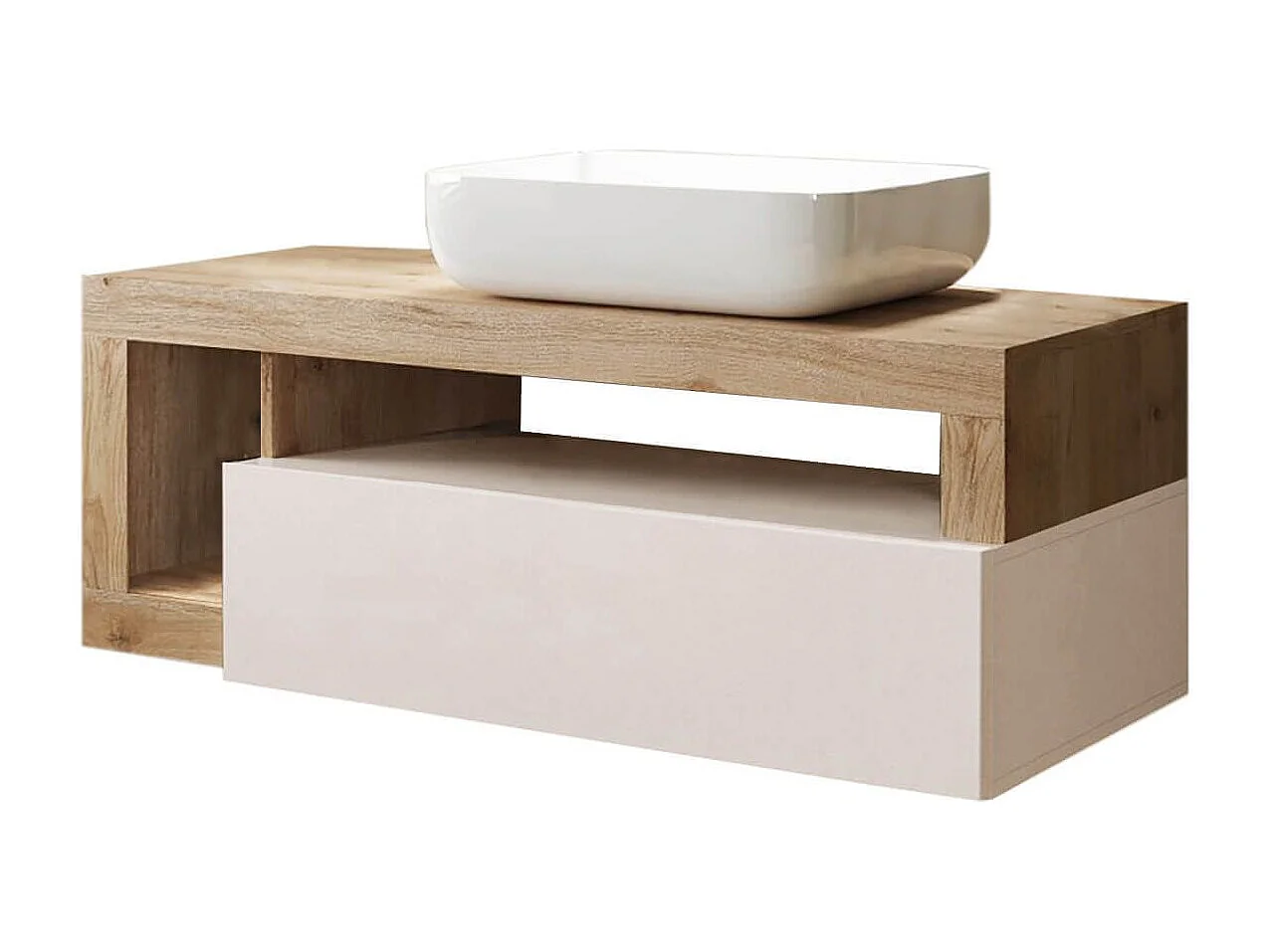 ARTURO - Meuble Vasque 110cm suspendu 1 tiroirs beige laqué et aspect bois finition Cadiz