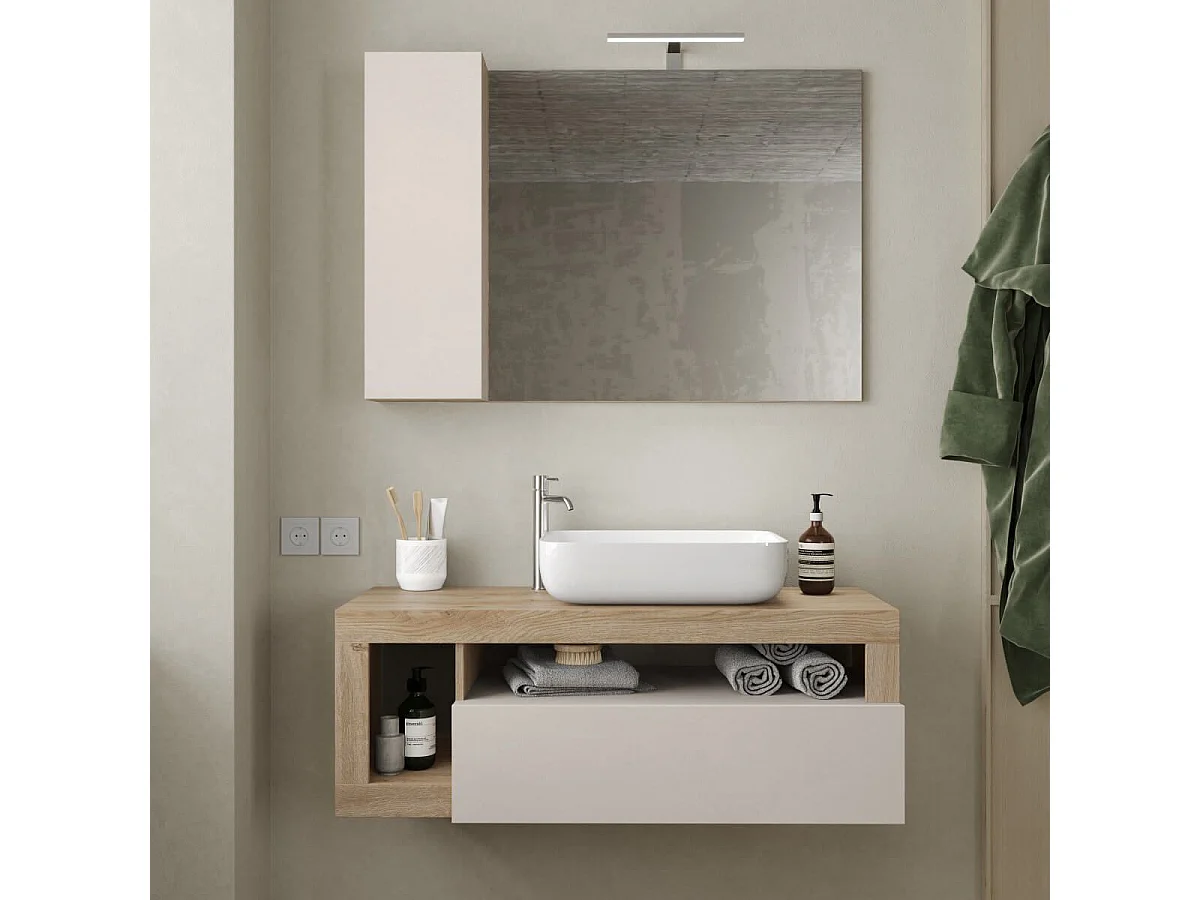 ARTURO - Meuble Vasque 110cm suspendu 1 tiroirs beige laqué et aspect bois finition Cadiz