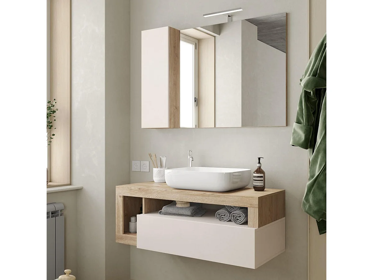 ARTURO - Meuble Vasque 110cm suspendu 1 tiroirs beige laqué et aspect bois finition Cadiz