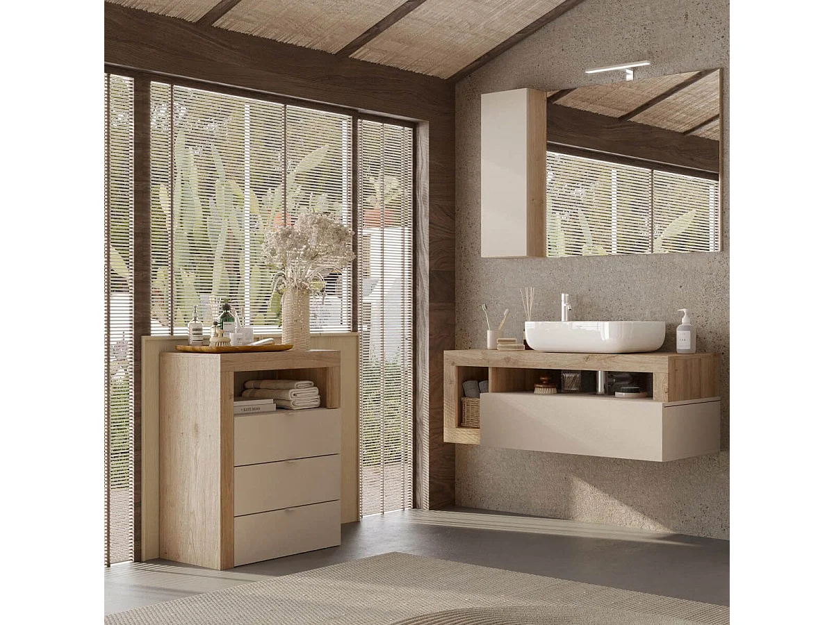 ARTURO - Meuble Vasque 110cm suspendu 1 tiroirs beige laqué et aspect bois finition Cadiz