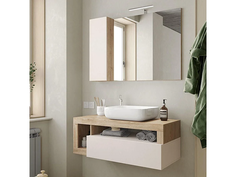 ARTURO - Meuble Vasque 110cm suspendu 1 tiroirs beige laqué et aspect bois finition Cadiz