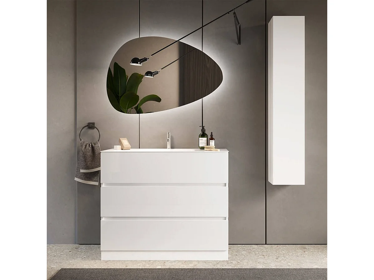 Meuble Vasque 101cm 3 tiroirs finition blanc laqué - BIRJA