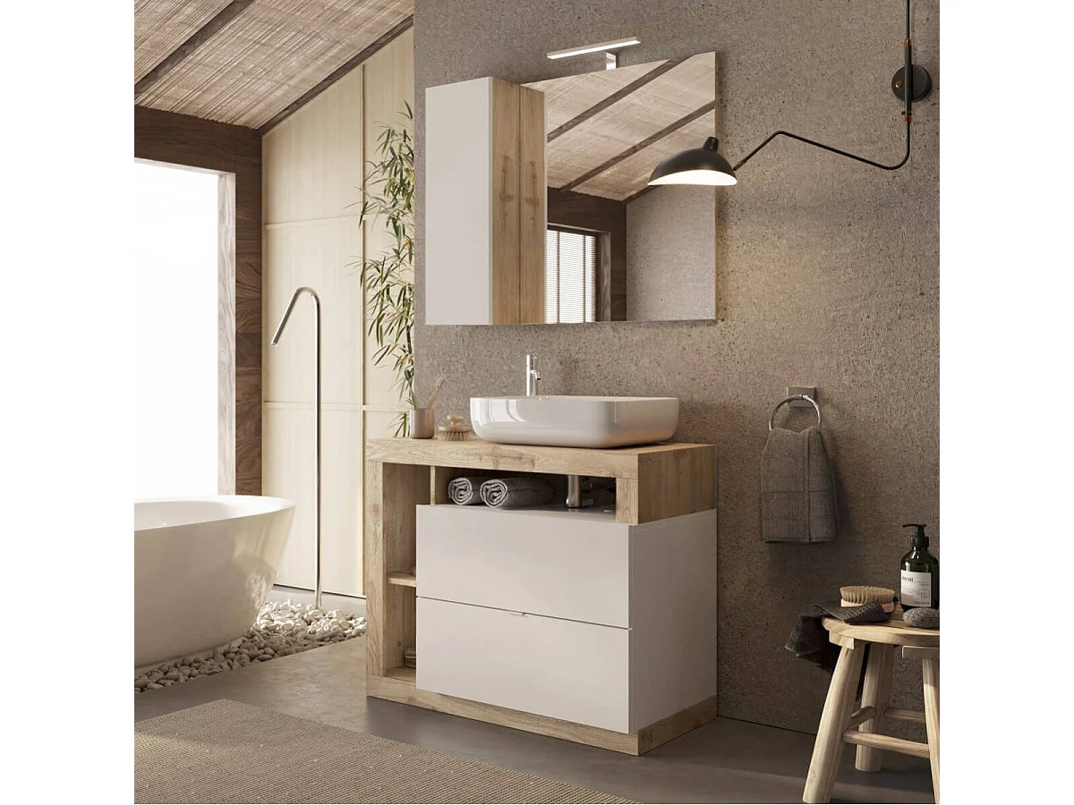 ARTURO - Meuble Vasque 92cm 2 tiroirs beige laqué et aspect bois finition Cadiz