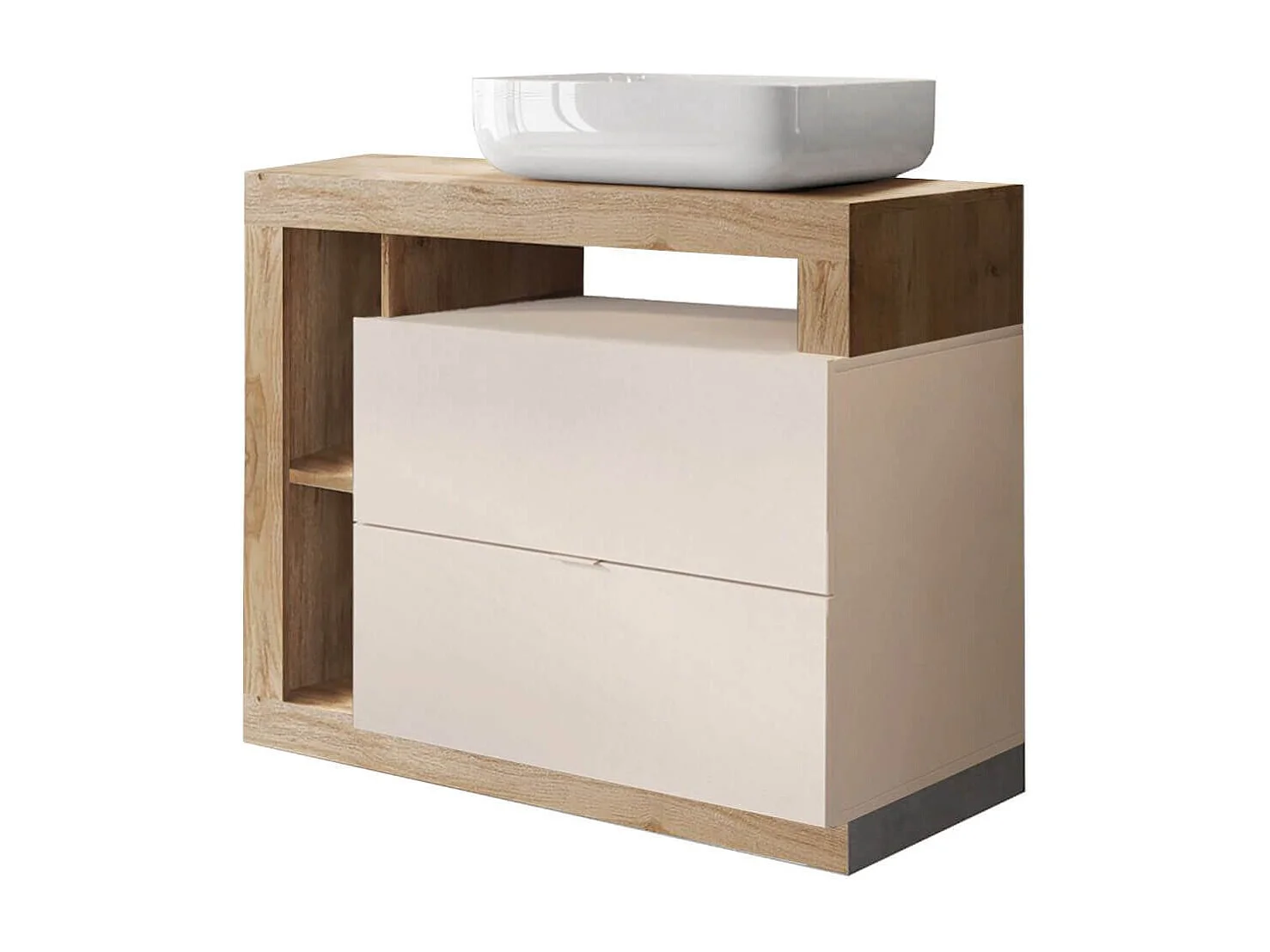 ARTURO - Meuble Vasque 92cm 2 tiroirs beige laqué et aspect bois finition Cadiz