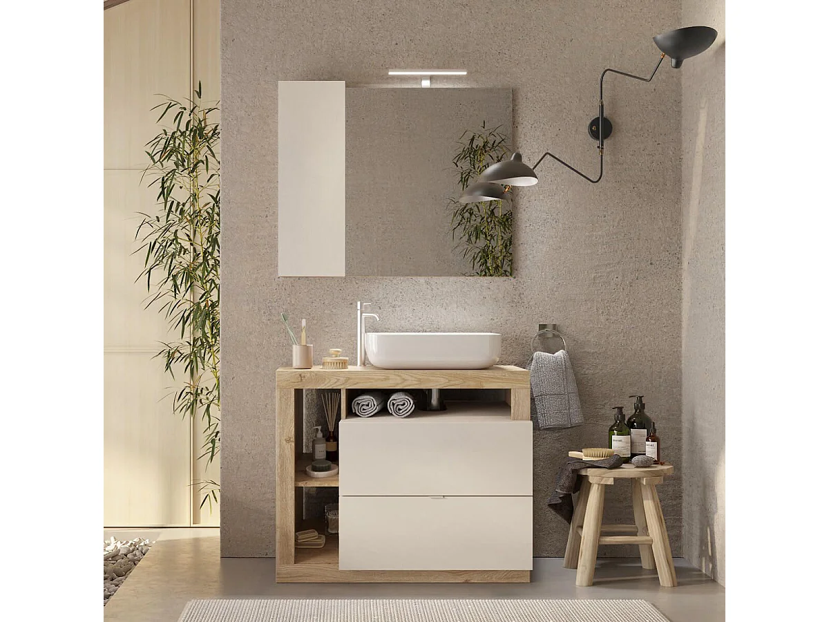 ARTURO - Meuble Vasque 92cm 2 tiroirs beige laqué et aspect bois finition Cadiz