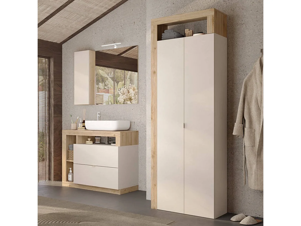 ARTURO - Meuble Vasque 92cm 2 tiroirs beige laqué et aspect bois finition Cadiz