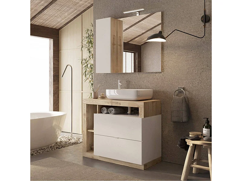 ARTURO - Meuble Vasque 92cm 2 tiroirs beige laqué et aspect bois finition Cadiz