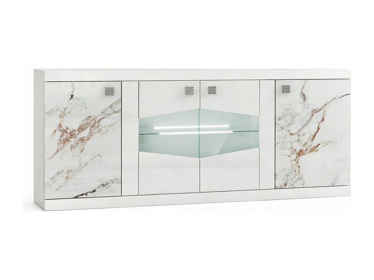 Séjour complet buffet + table repas + vitrine 2 portes blanc et imitation marbre - ETOLIS