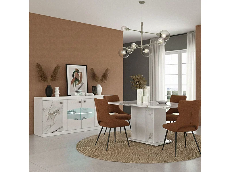 Ensemble séjour buffet et table repas blanc et imitation marbre - ETOLIS