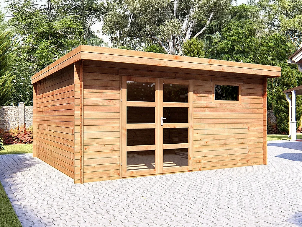 Abri de jardin en bois traité par autoclave avec toit plat - 19.61 m² - épaisseur 28 mm - CORALIO