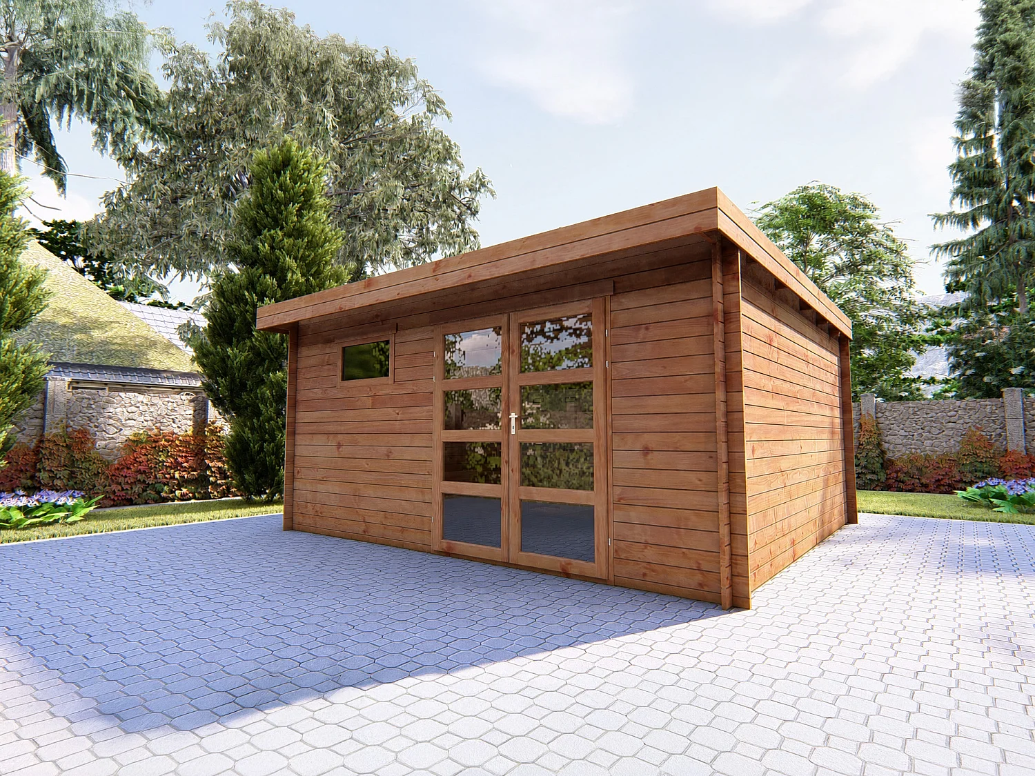 Treated Timber Garden Shed with Flat Roof - 19.61 m² - 28 mm Thickness - CORALIO