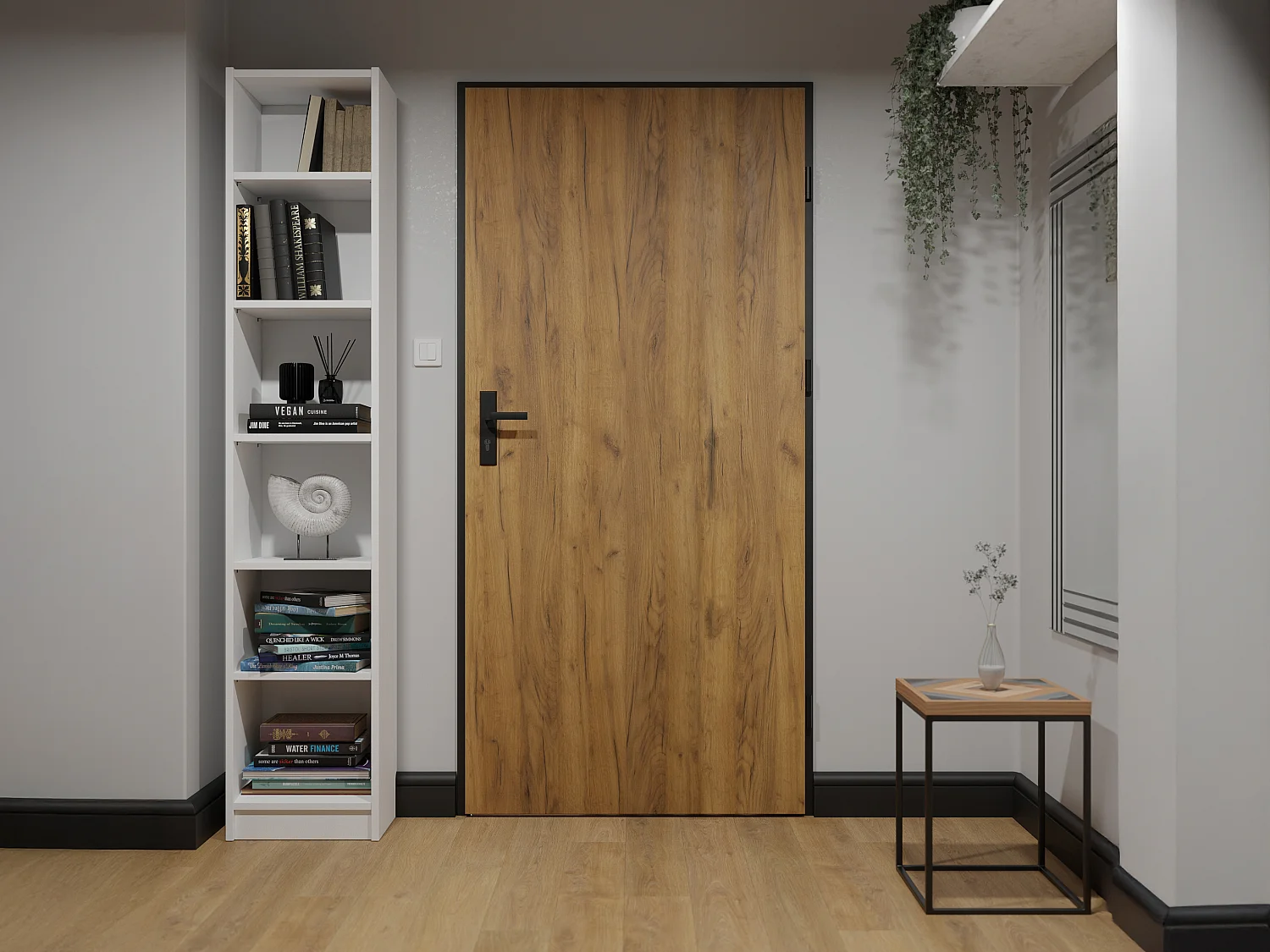 Eingangstür aus Stahl, geschlossen, H207 x B100 cm, Eichenoptik mit schwarzen Streifen - Stärke 68 mm - Türanschlag rechts COBRITA