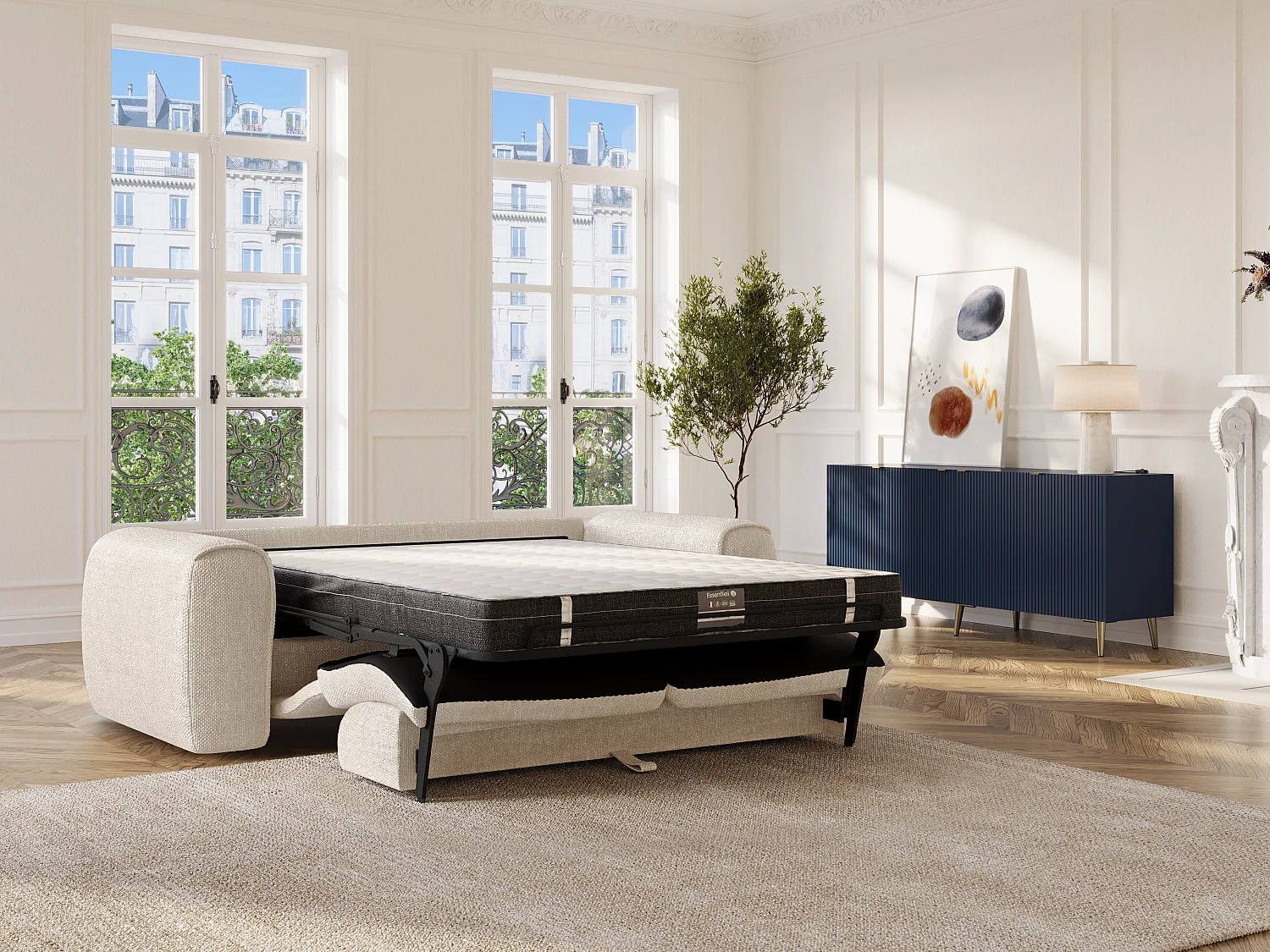 Canapé 3 places convertible express en tissu texturé beige - Couchage 140 cm - Matelas 20 cm mémoire de forme POGNIA
