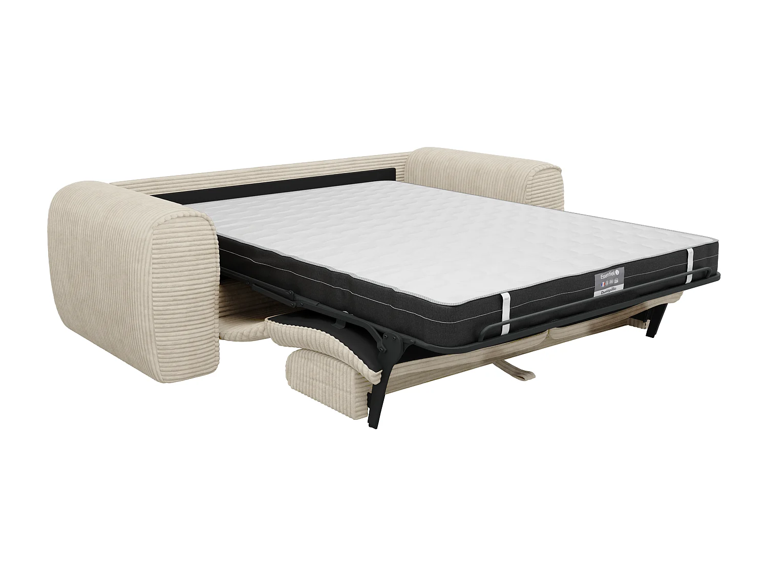 Canapé 3 places convertible express en velours côtelé beige - Couchage 140 cm - Matelas 20 cm mémoire de forme POGNIA