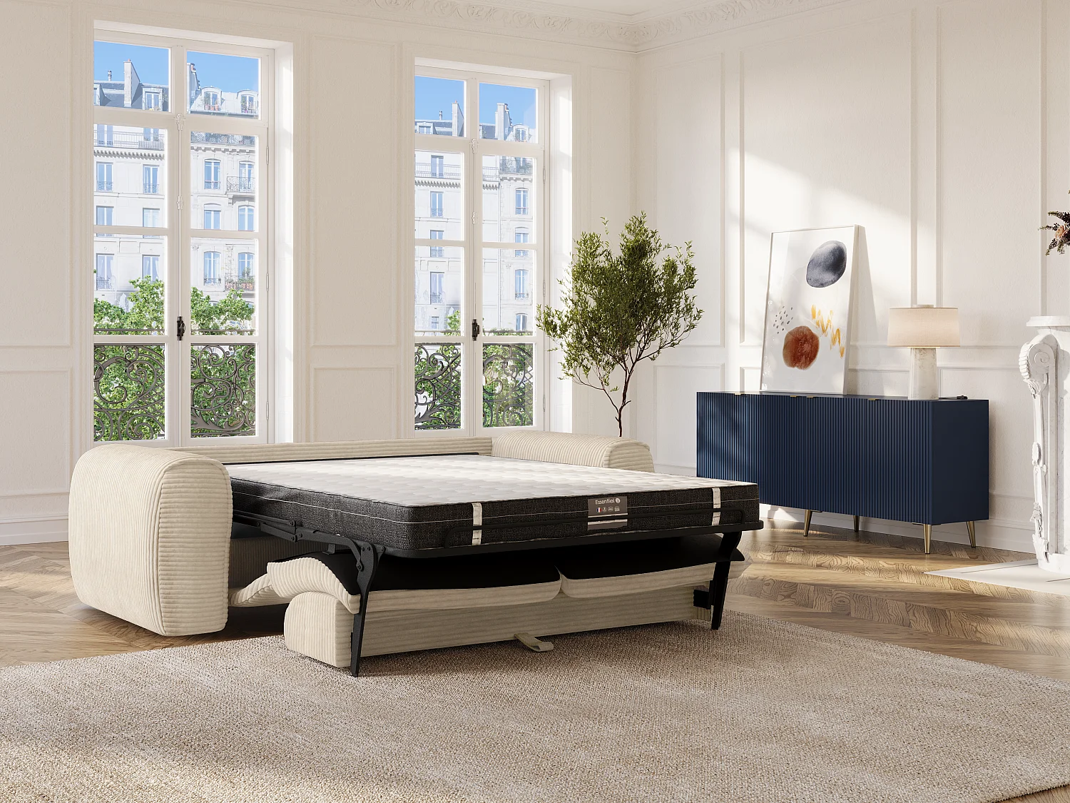 Canapé 3 places convertible express en velours côtelé beige - Couchage 140 cm - Matelas 20 cm mémoire de forme POGNIA