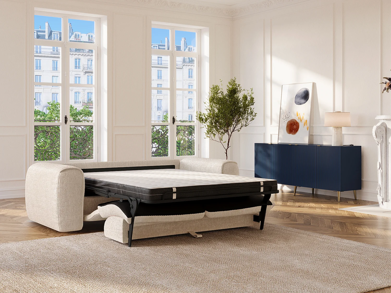 Canapé 4 places convertible express en tissu texturé beige - Couchage 160 cm - Matelas 20 cm mémoire de forme POGNIA