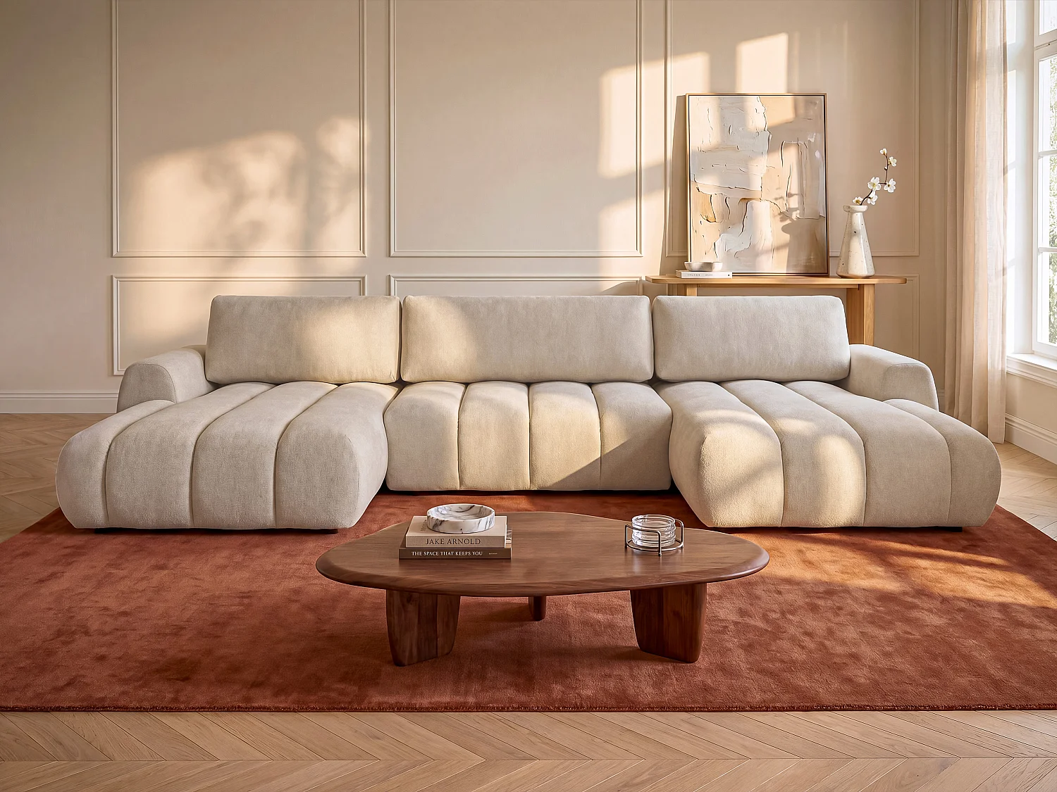 Canapé d'angle panoramique et convertible en tissu beige FRIDORA