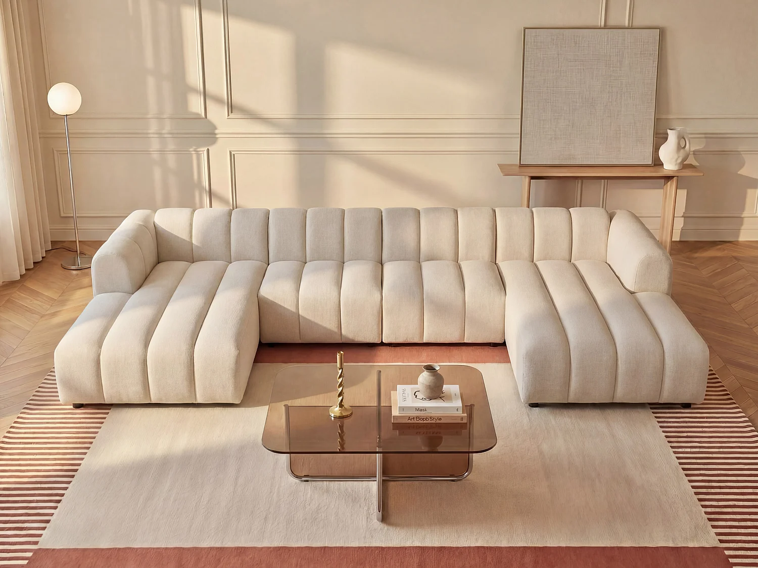 Méridienne gauche en tissu texturé beige JUTINI