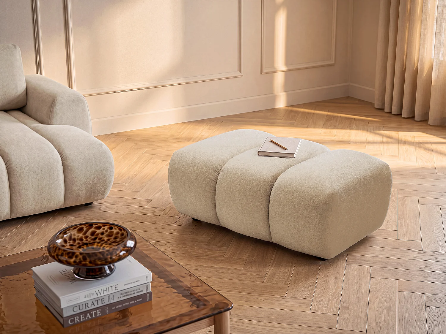 Poef in beige stof FRIDORA