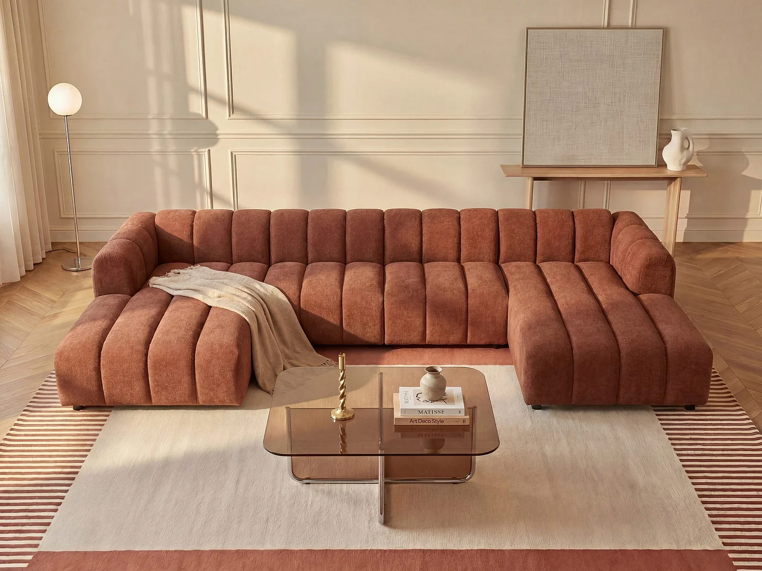 Méridienne droite en tissu texturé terracotta JUTINI