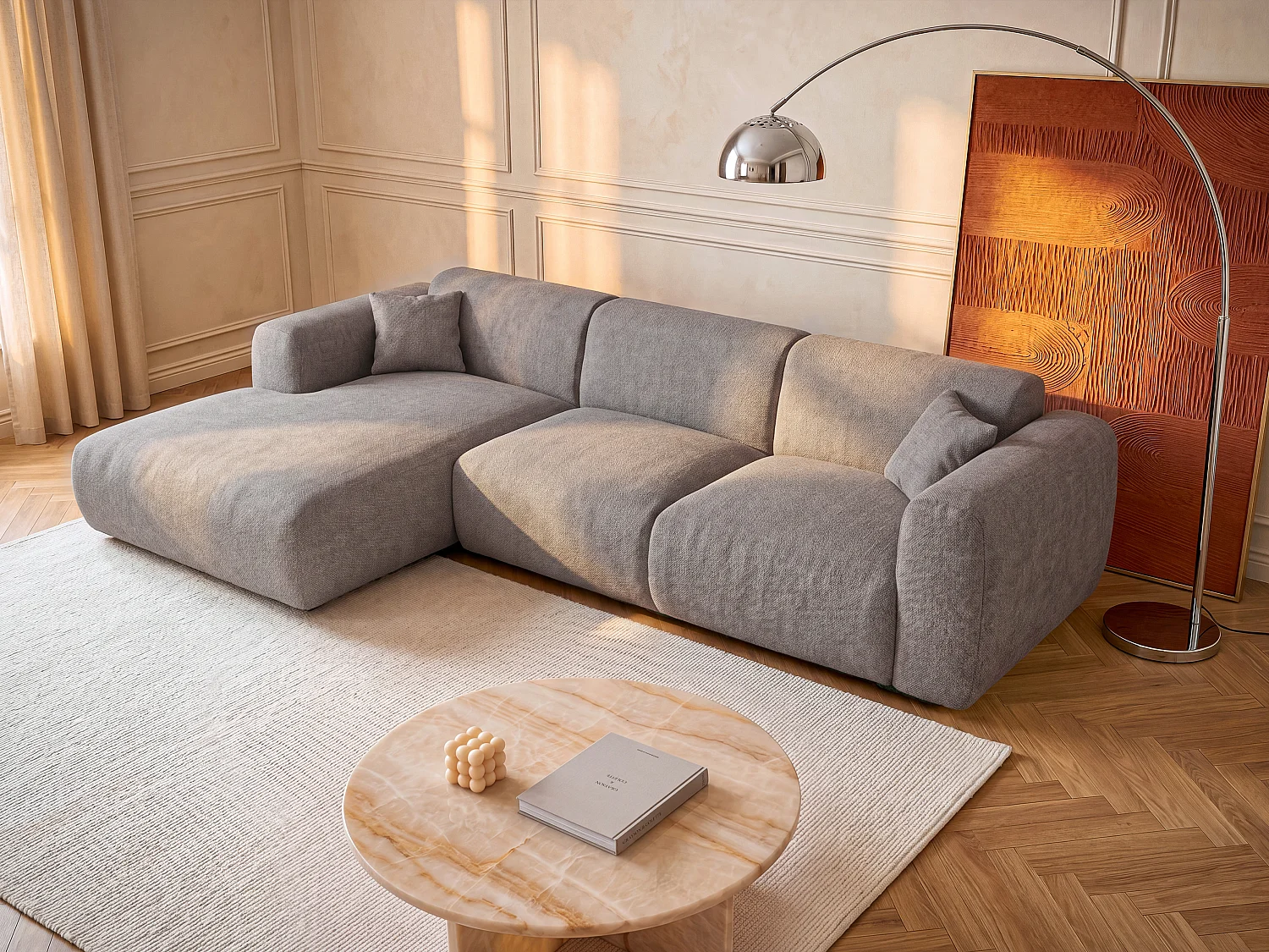 Grand canapé d'angle gauche en tissu gris POGNI de Maison Céphy
