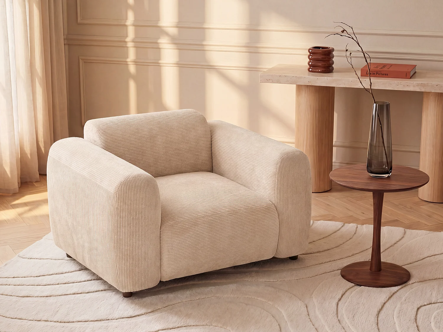 Lenestol i Tynnrilet kordfløyel - Beige | Maison Céphy POGNI