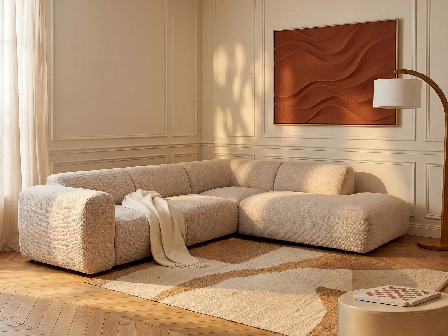 Grand canapé d'angle droit avec dossier méridienne  en tissu beige POGNI de Maison Céphy