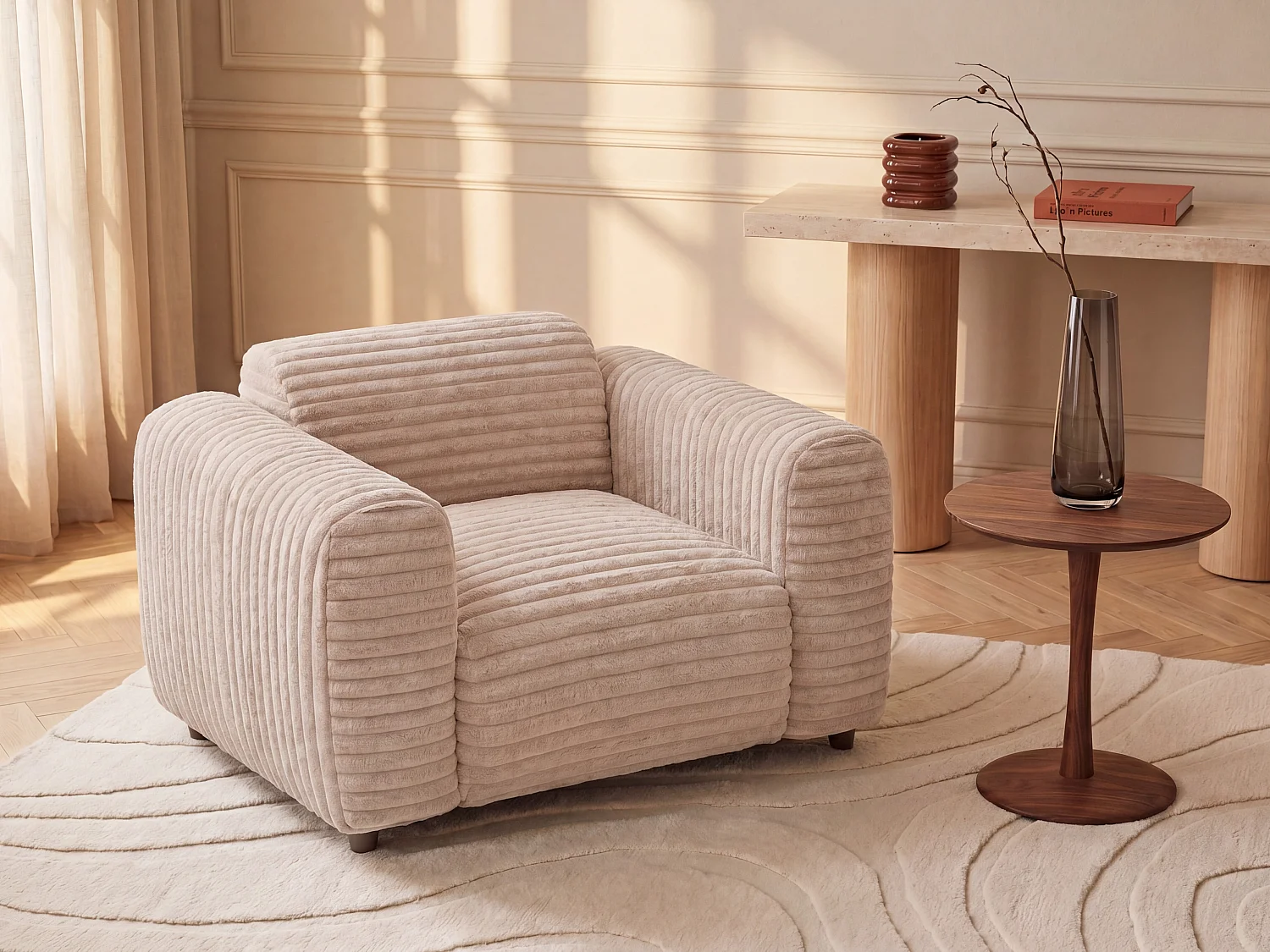 Fauteuil en velours côtelé grosses côtes beige POGNI de Maison Céphy