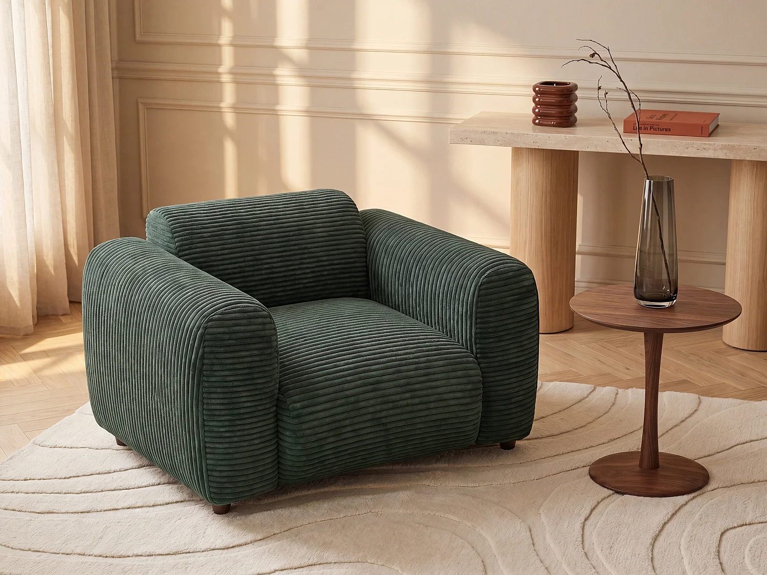 Groene ribfluwelen fauteuil POGNI van Maison Céphy