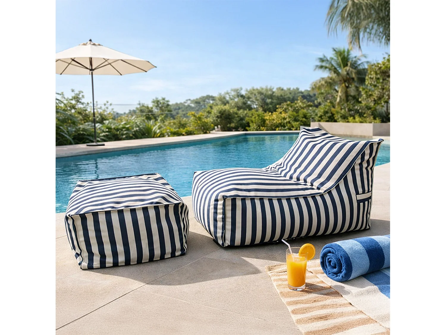 Ensemble de poufs exterieur rayés bleu déperlant POSITANO