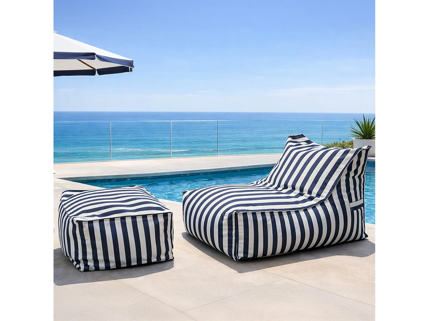 Ensemble de poufs exterieur rayés bleu déperlant POSITANO