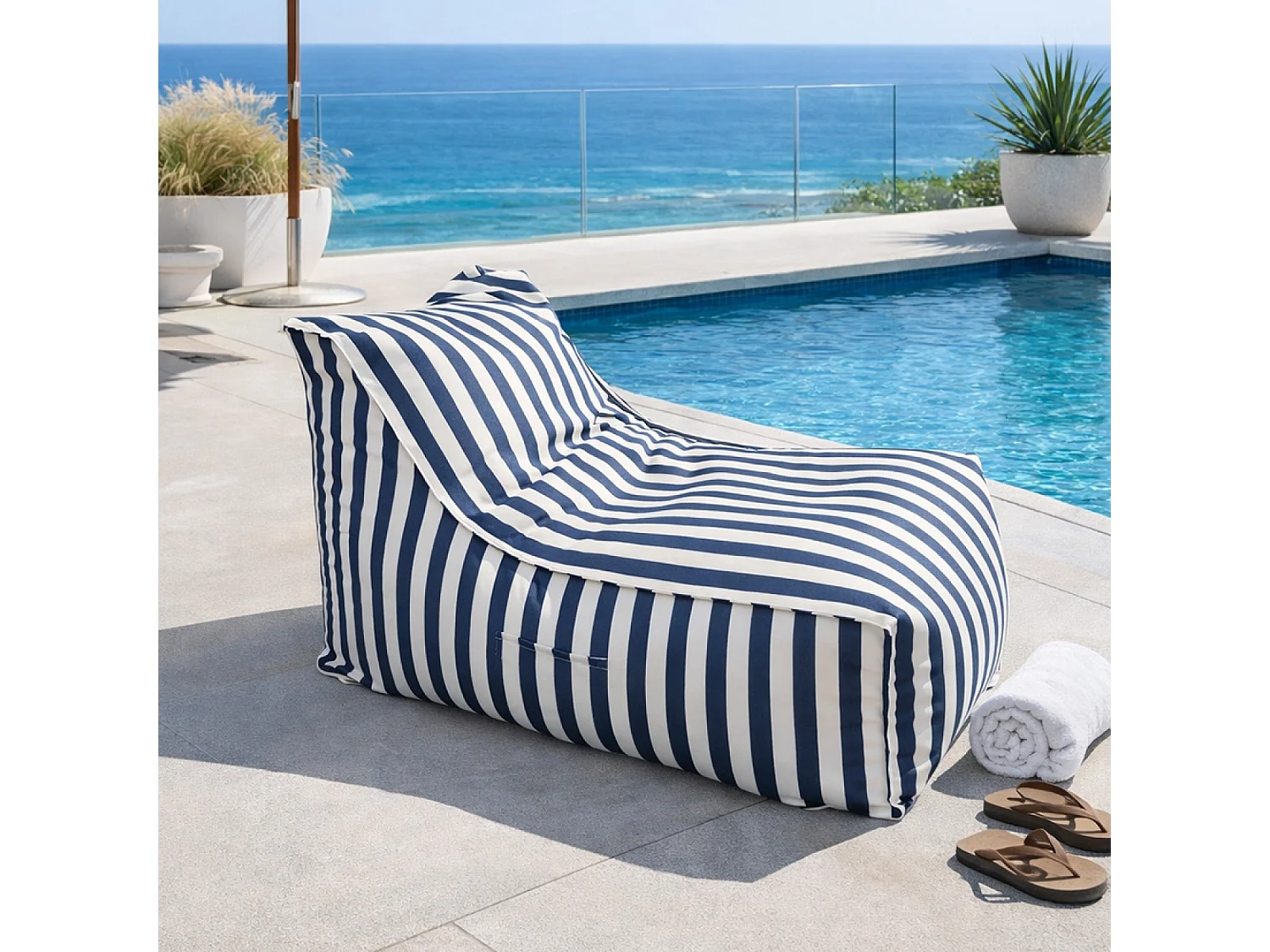 Ensemble de poufs exterieur rayés bleu déperlant POSITANO