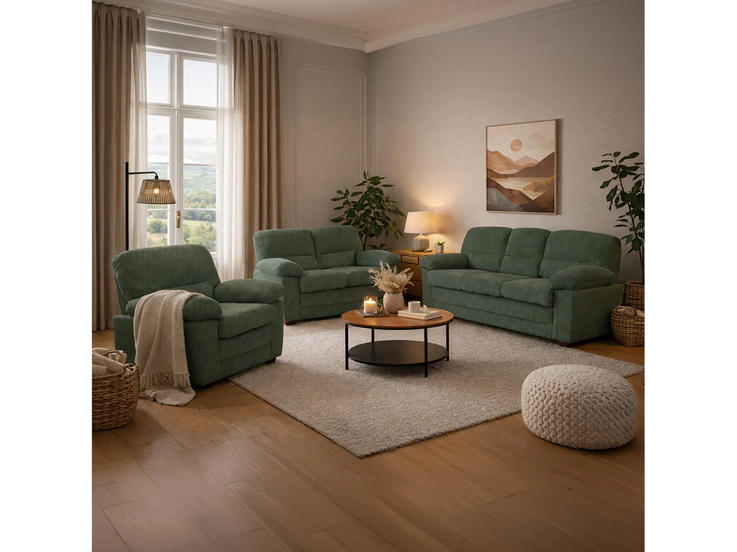 Canapé 3 places + 2 places + fauteuil en velours côtelé vert foncé LINCOLN