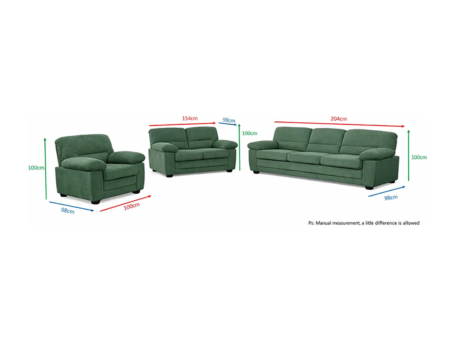 Canapé 3 places + 2 places + fauteuil en velours côtelé vert foncé LINCOLN