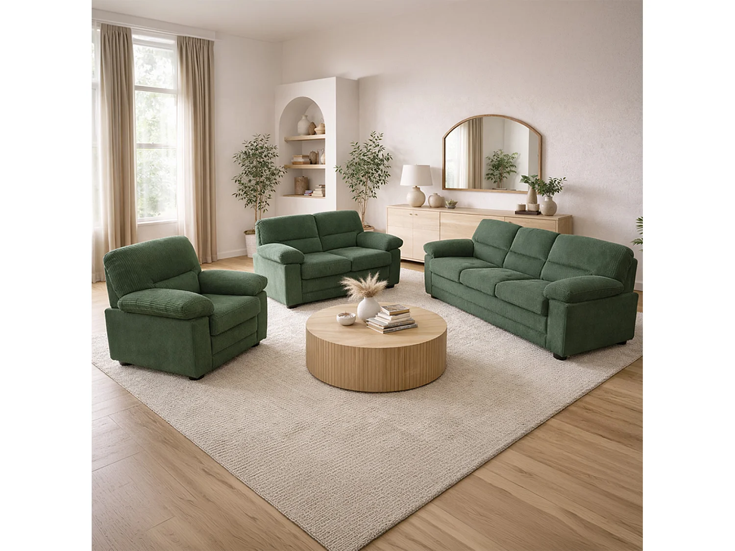 Canapé 3 places + 2 places + fauteuil en velours côtelé vert foncé LINCOLN
