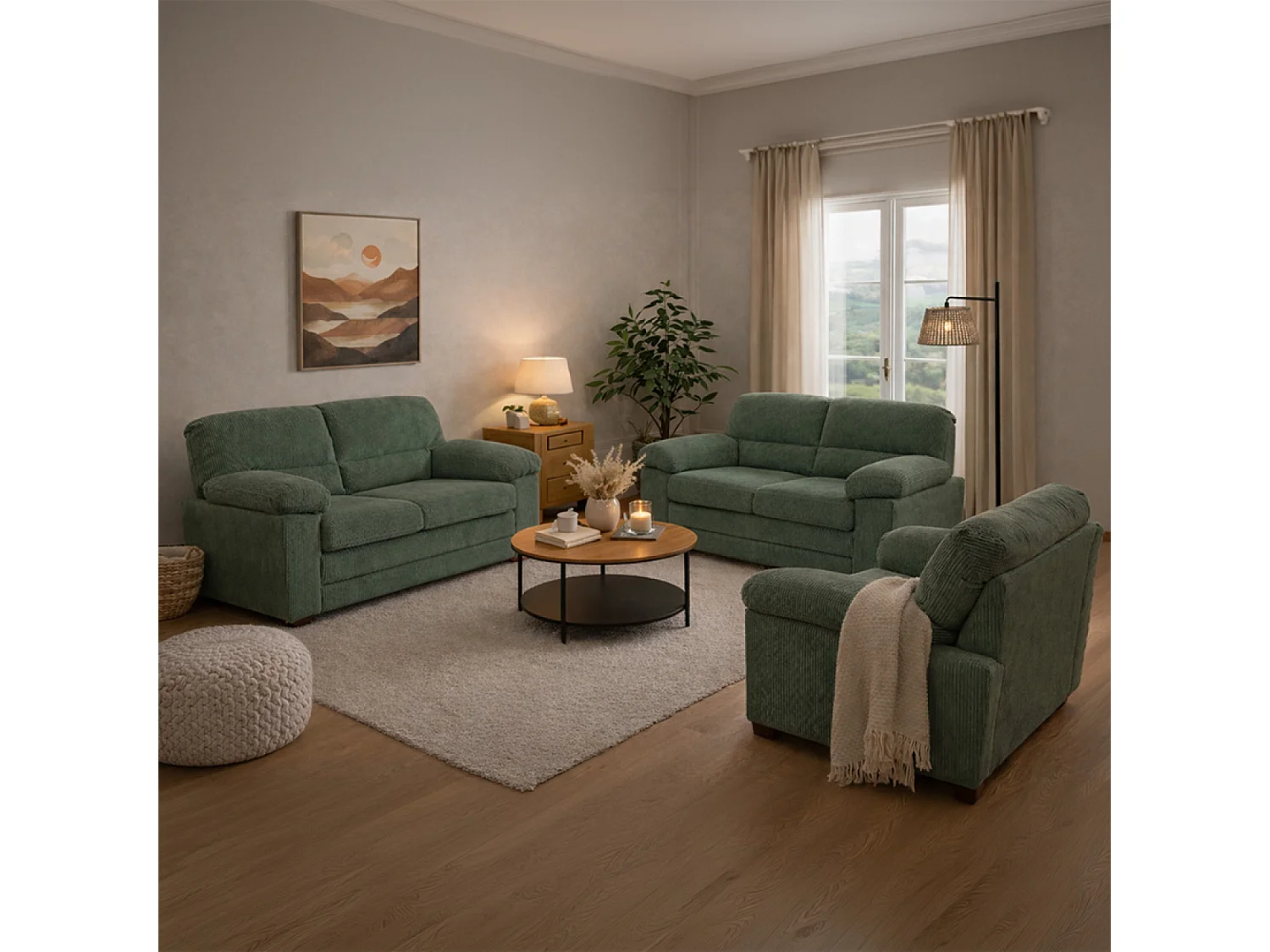 Canapé 3 places + 2 places + fauteuil en velours côtelé vert foncé LINCOLN