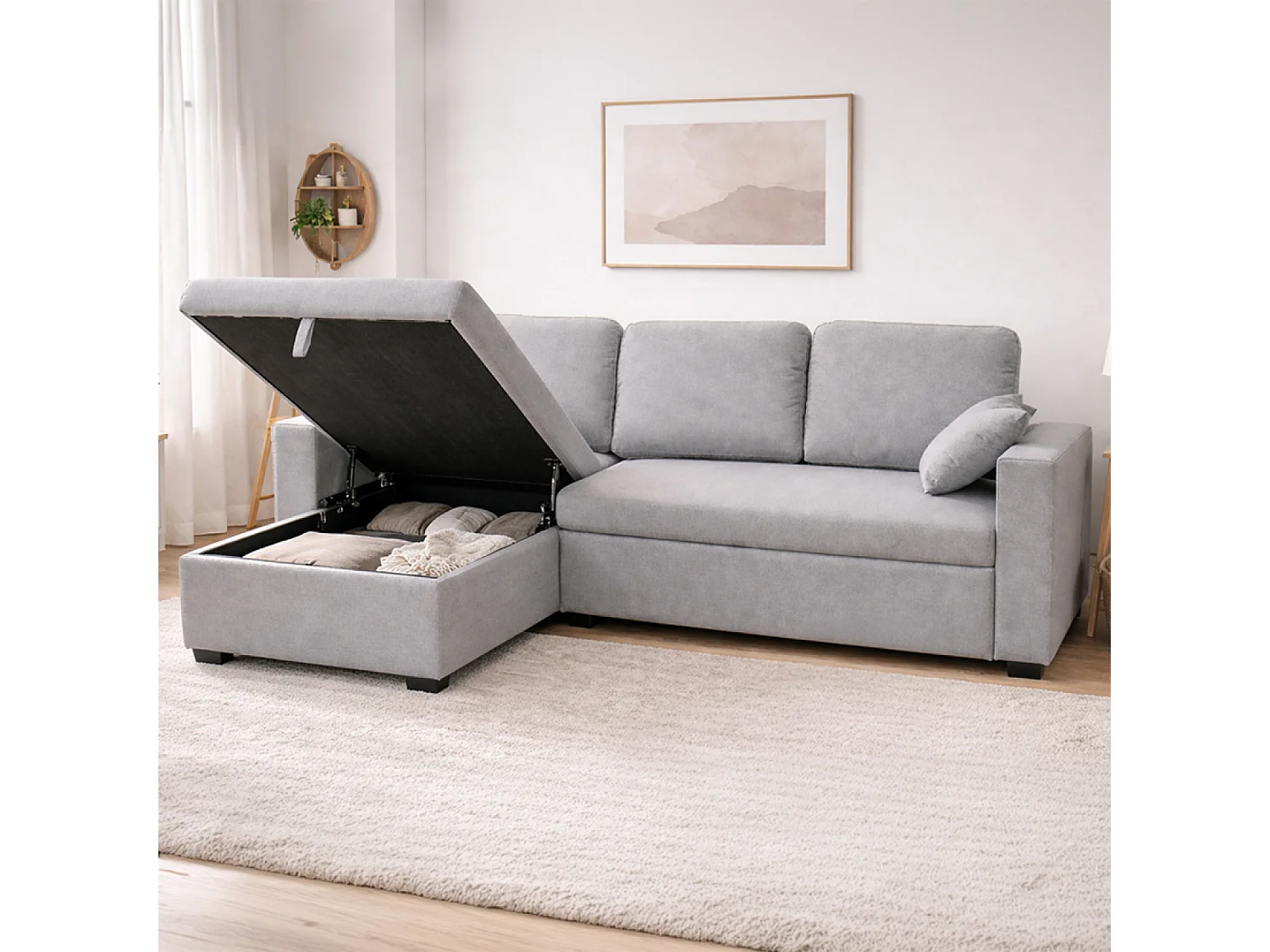 Canapé d'angle convertible 3 places avec coffre en tissu gris CELBRIDGE