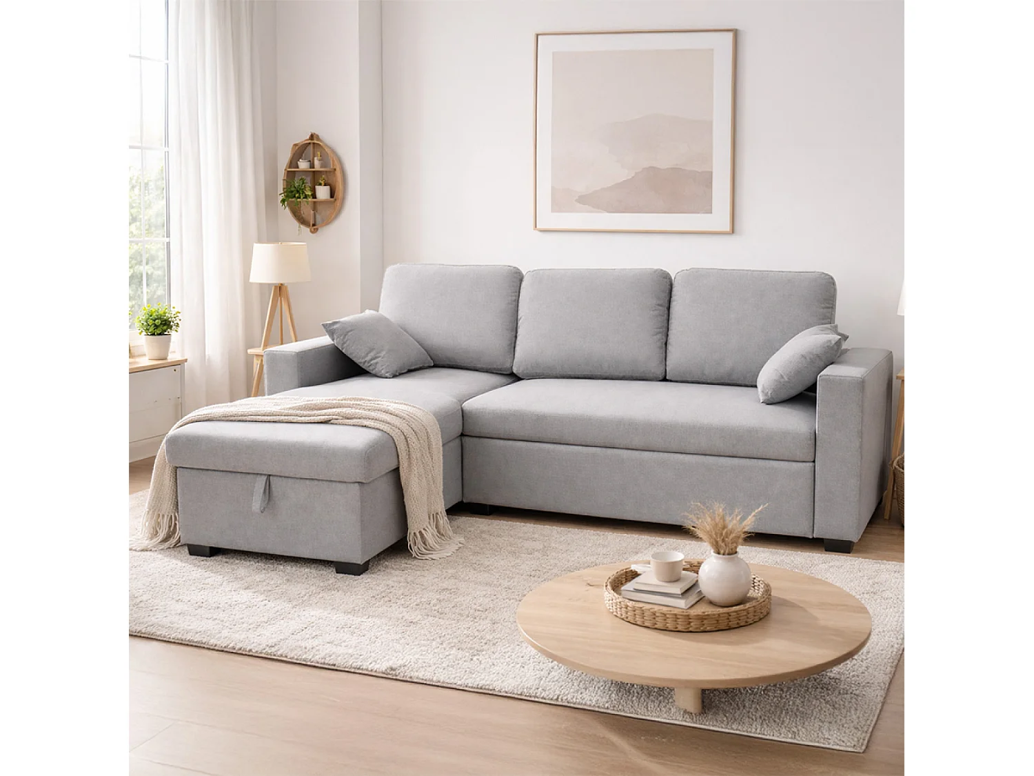 Canapé d'angle convertible 3 places avec coffre en tissu gris CELBRIDGE