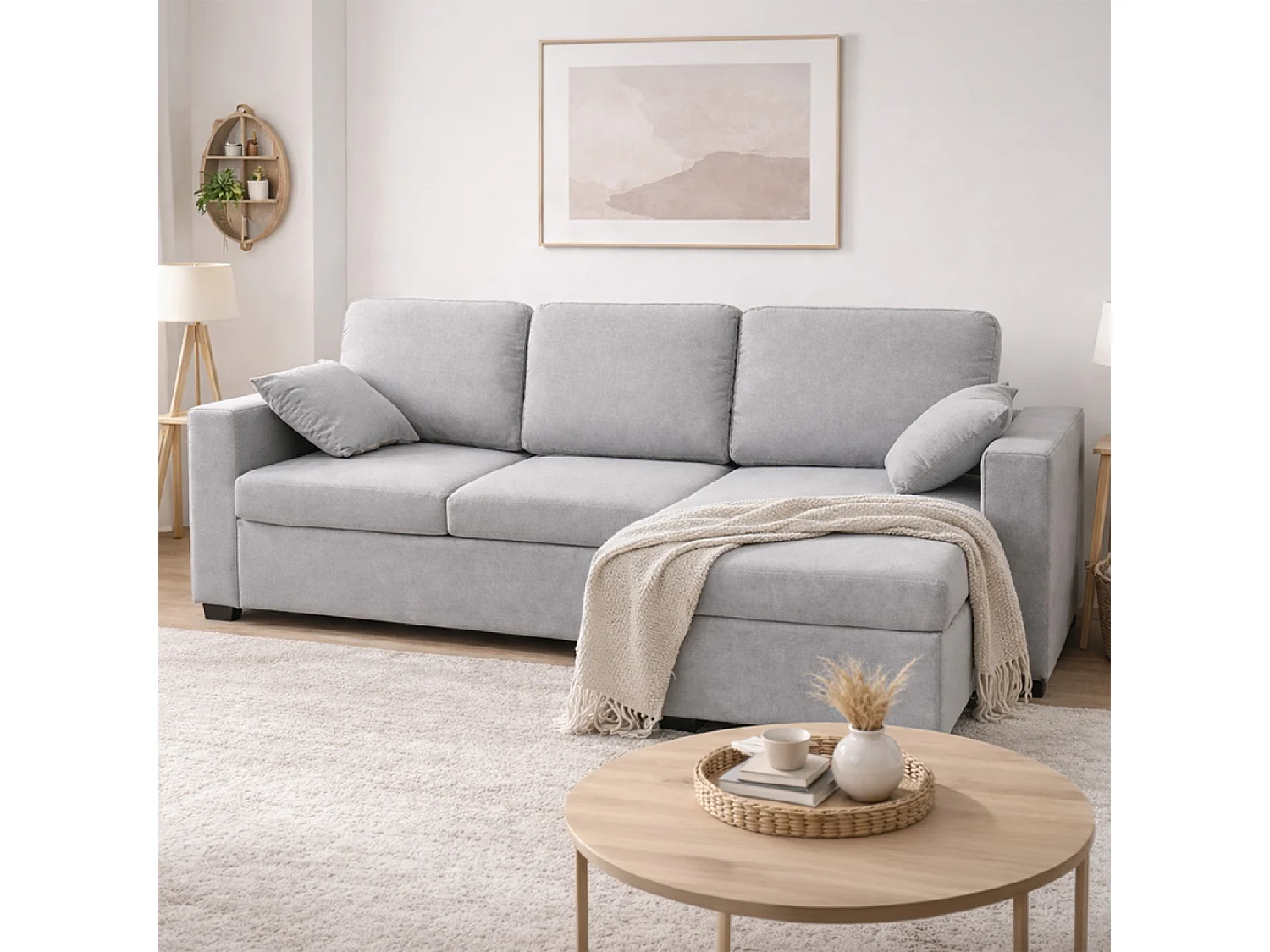 Canapé d'angle convertible 3 places avec coffre en tissu gris CELBRIDGE
