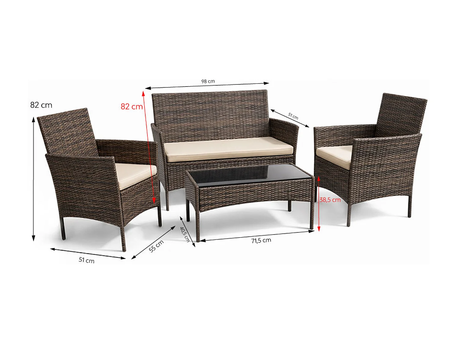 Ensemble de jardin 4 places en résine tressée marron et coussins beige LOOS