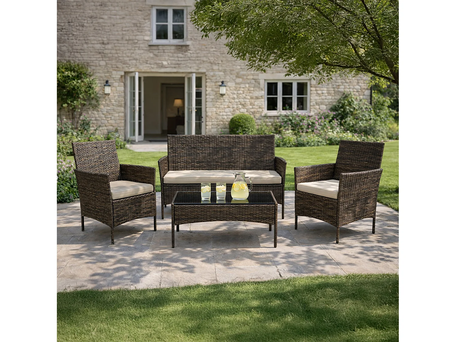 Ensemble de jardin 4 places en résine tressée marron et coussins beige LOOS