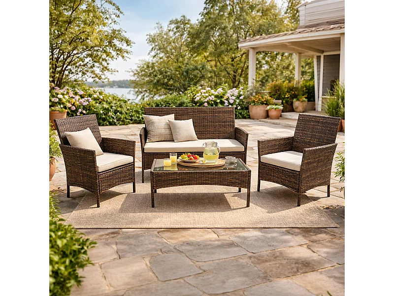 Ensemble de jardin 4 places en résine tressée marron et coussins beige LOOS