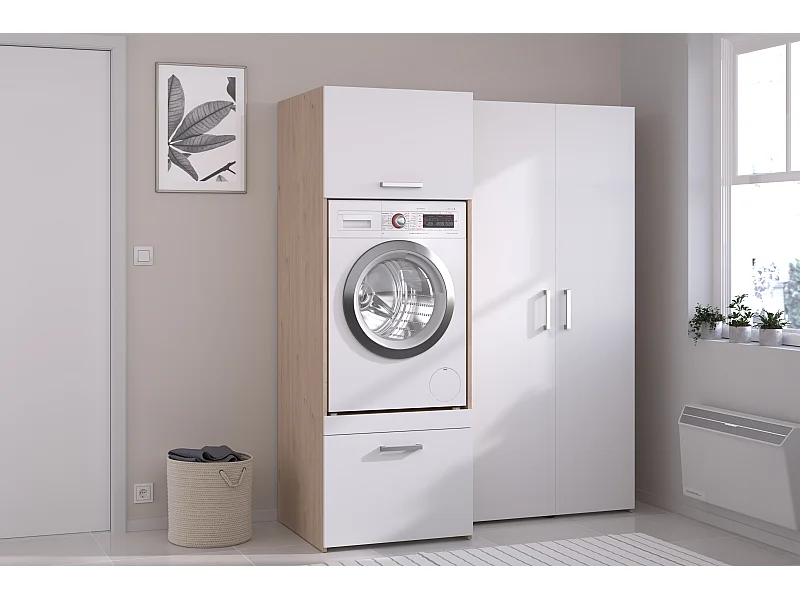 Mobile per lavatrice con armadi e colonna doppia anta Naturale chiaro e bianco L156 x H184 – ERKANO