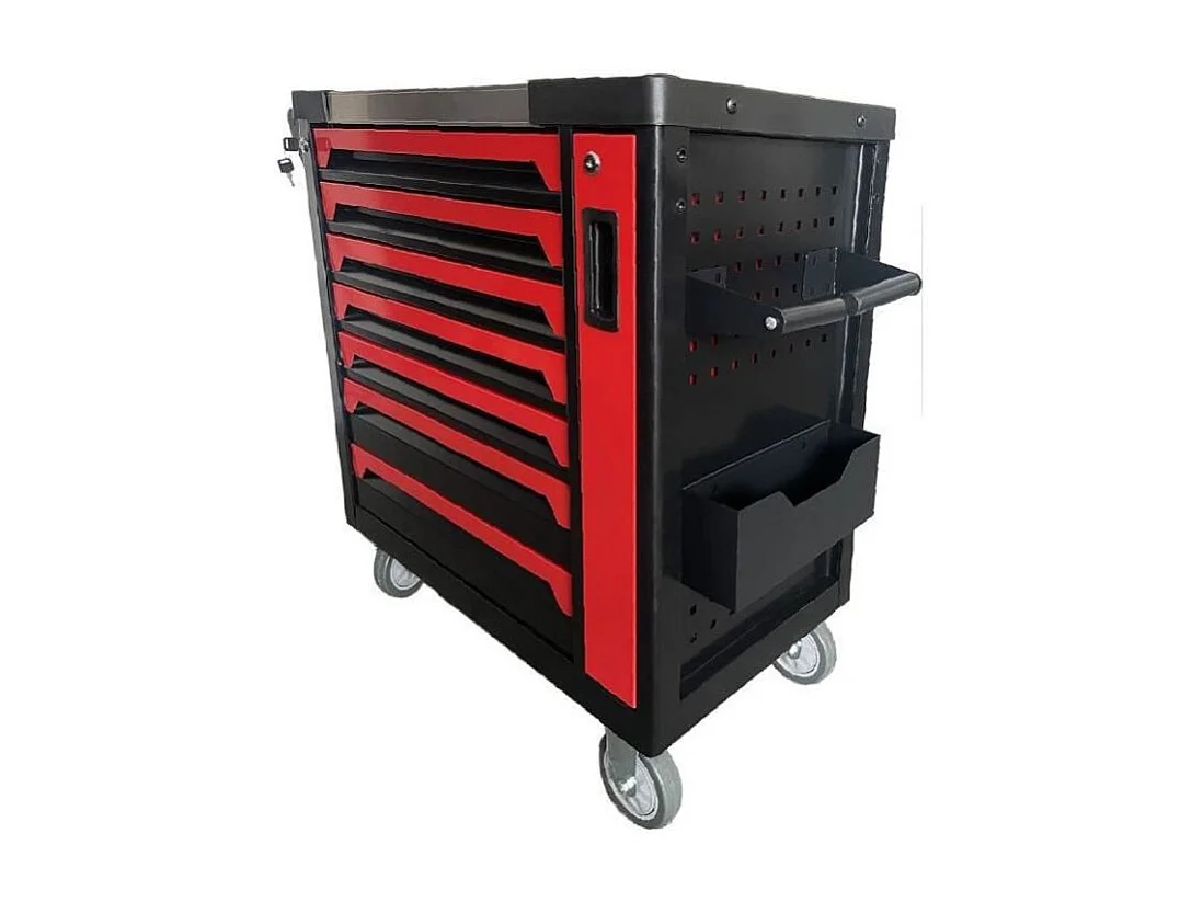 Carrinho de oficina vermelho DEFPRO com 7 gavetas em aço inoxidável e 166 ferramentas, tampo em inox, rodízios giratórios e fecho seguro