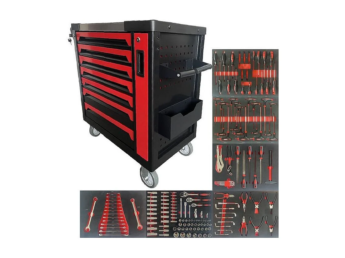 Carrinho de oficina vermelho DEFPRO com 7 gavetas em aço inoxidável e 166 ferramentas, tampo em inox, rodízios giratórios e fecho seguro