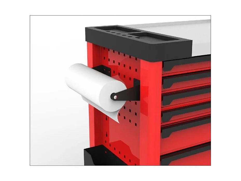 Carrinho de oficina vermelho DEFPRO com 7 gavetas em aço inoxidável e 166 ferramentas, tampo em inox, rodízios giratórios e fecho seguro