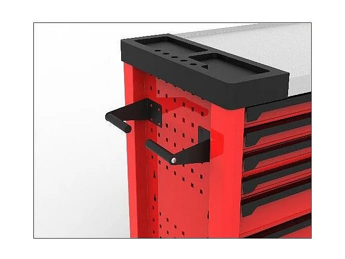 Carrinho de oficina vermelho DEFPRO com 7 gavetas em aço inoxidável e 166 ferramentas, tampo em inox, rodízios giratórios e fecho seguro