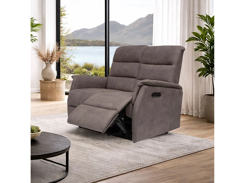 Canapé 2 places relax électrique tissu polyester imitation cuir gris-brun marbré - DONATELLO